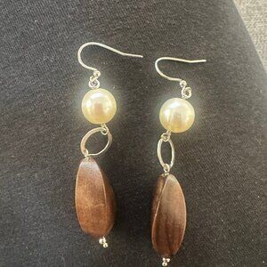 Pearl & Wood Dangle Earrings - Brand New!